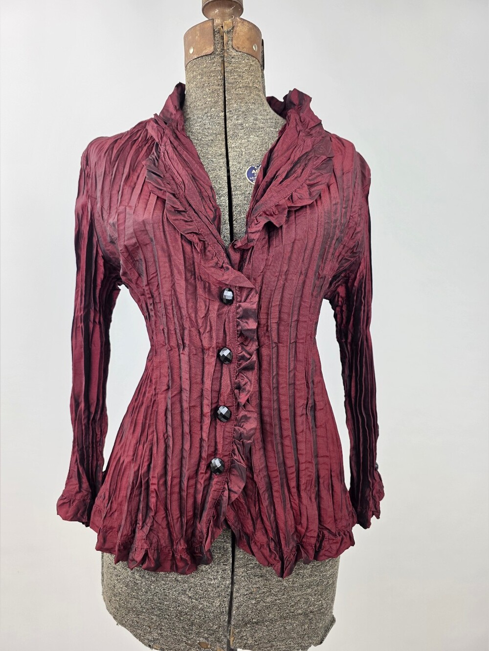 Piano Women's Burgundy Gothic Pleated Ruffle Button Up Blouse Size L